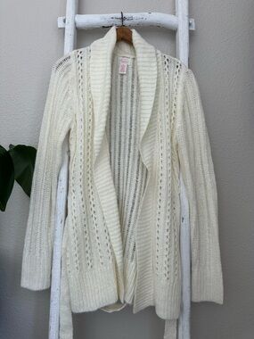 Arizona Jean Company Cream Open-Front Long Knit Cardigan with Tie Belt